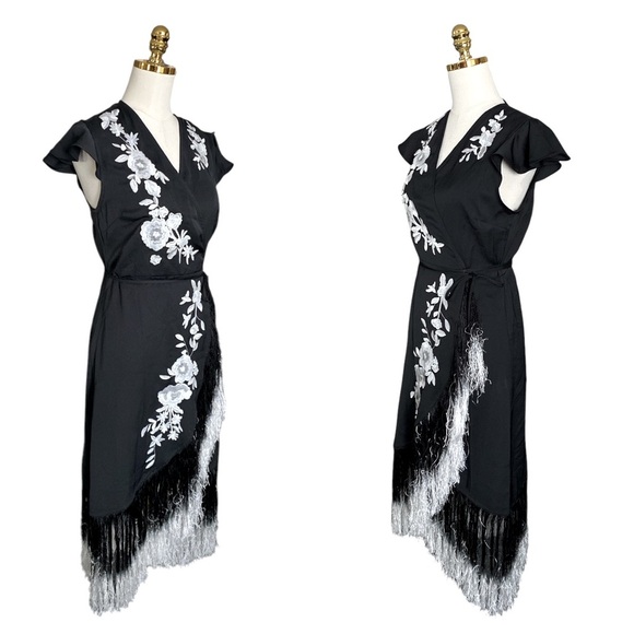 VENUS Black w/ White Embroidered Floral Asymmetric Fringe Wrap Midi Dress Size 8 - Picture 7 of 11